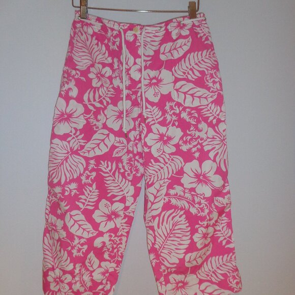 LAUREN RALPH LAUREN Barbie pink & white Hawaiian‎ print cotton crop pants size 8 - Picture 1 of 10